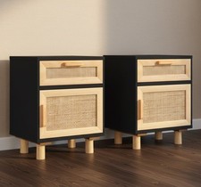 Rattan Bedside Table Set Pair