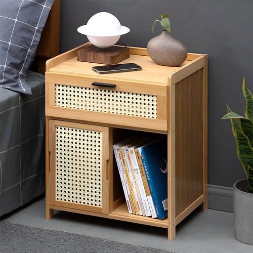Vintage wood rattan bedside - vintage,