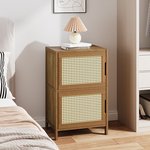 Slim wood bedside table rattan - bedside,